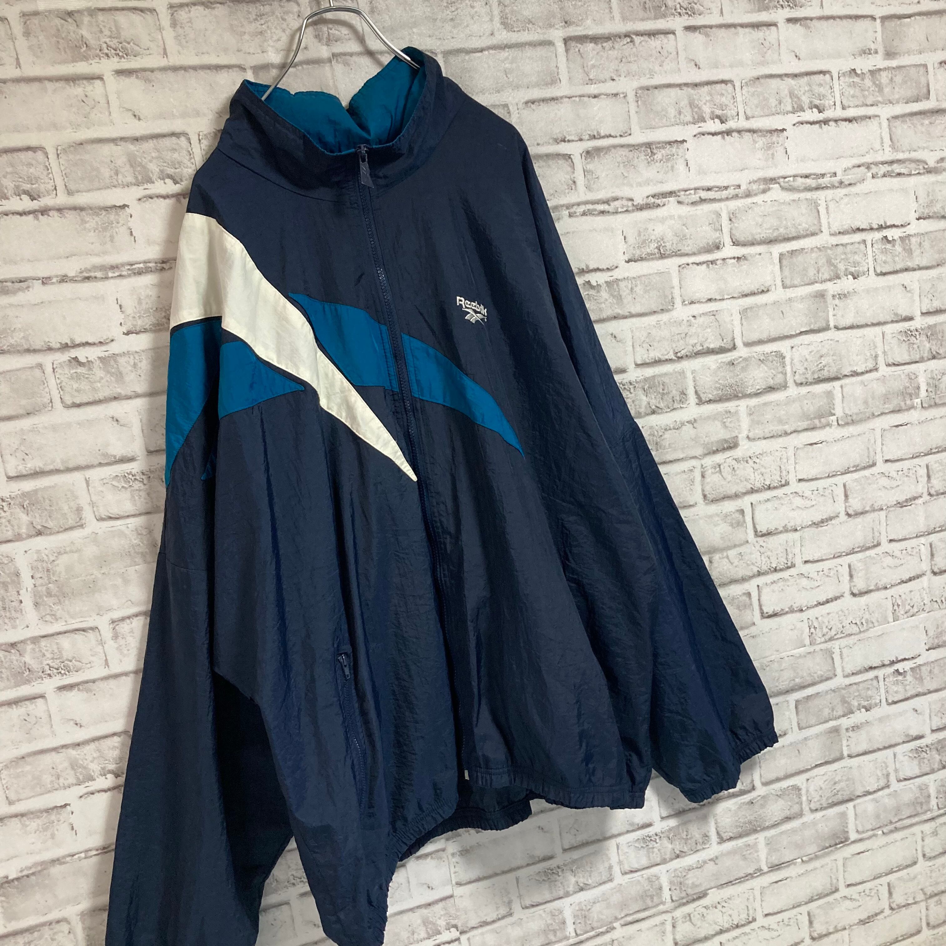 【Reebok】Nylon Jacket 2XL 90s リーボック ナイロンジャケット 切替 刺繍ロゴ 胸ロゴ ノースウエストグリーン  マリナーズブルー アウター アメリカ USA 古着