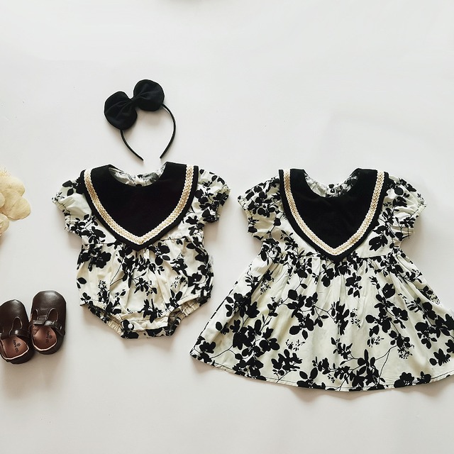 【姉妹服】ブラックフラワーロンパース／ワンピース - 4