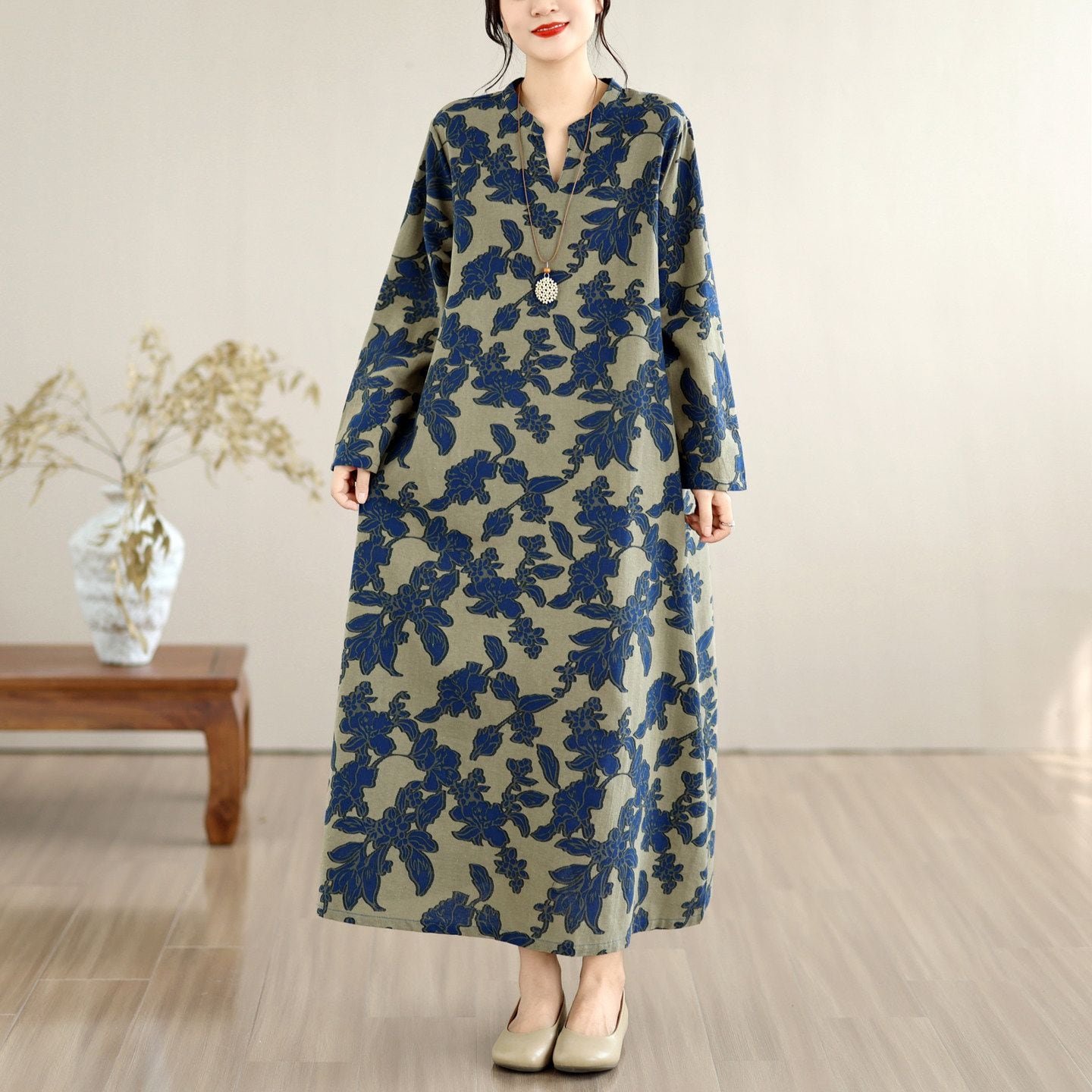 VINTAGE PRINT LONG SLEEVE RELAXED LINEN DRESS M-18155