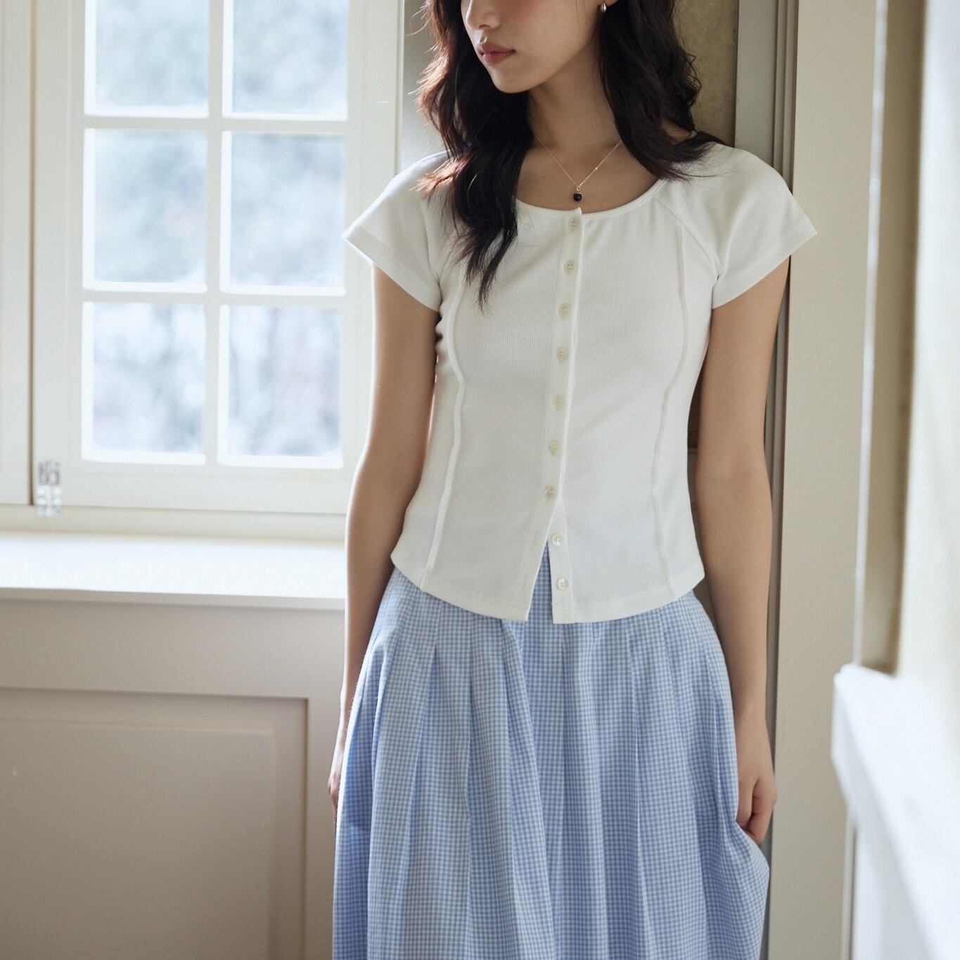 フロントボタン ラウンドネック 半袖Tシャツ 00304