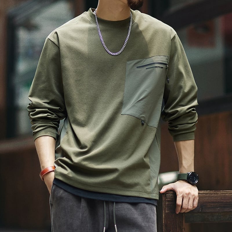 パッチポケット付きクルーネック長袖カットソー 4XLまで対応 A19133