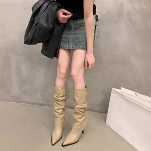 ロング ブーツ レディース 秋冬 韓国 ポインテッドトゥ ピンヒール くしゅくしゅ ルーズシルエット レザー調 9cmヒール 美脚見え 脚長見え 細見え Y2K モード きれいめ 大人 カジュアル デート お出かけ [LW-CGS020]