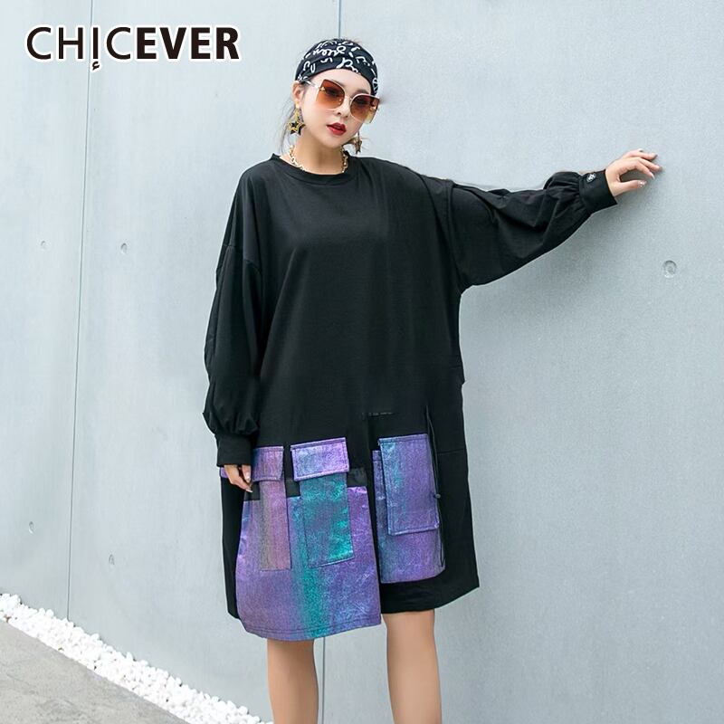 CHICEVERドレス女性Oネック長袖ルーズパッチワークヒットカラー膝丈ストレートドレス2021秋の潮 ロング 6base58256563964