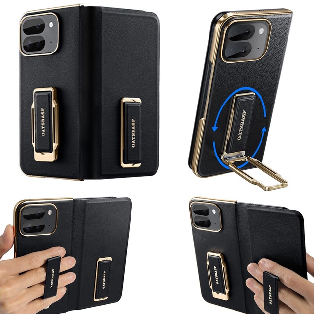 NIFBANG Google Pixel 9 Pro Fold用のケース レザー フィンガーホルダー付きフリップケース スマホベルト付き 金属/メタルスタンド Google Pixel 9 Pro Fold用のカバー 指紋防止 擦り傷防止 耐衝撃 米軍規格 縦横両対応 落下防止 レンズ/カメラ保護 ブディスプレイ側もしっかり保護 ブラック