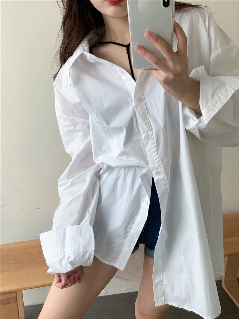 シャツ ジャケット 薄手ルーズスタイルホワイトトップス オータム ロング 秋物 ブラックストロベリース81294086398