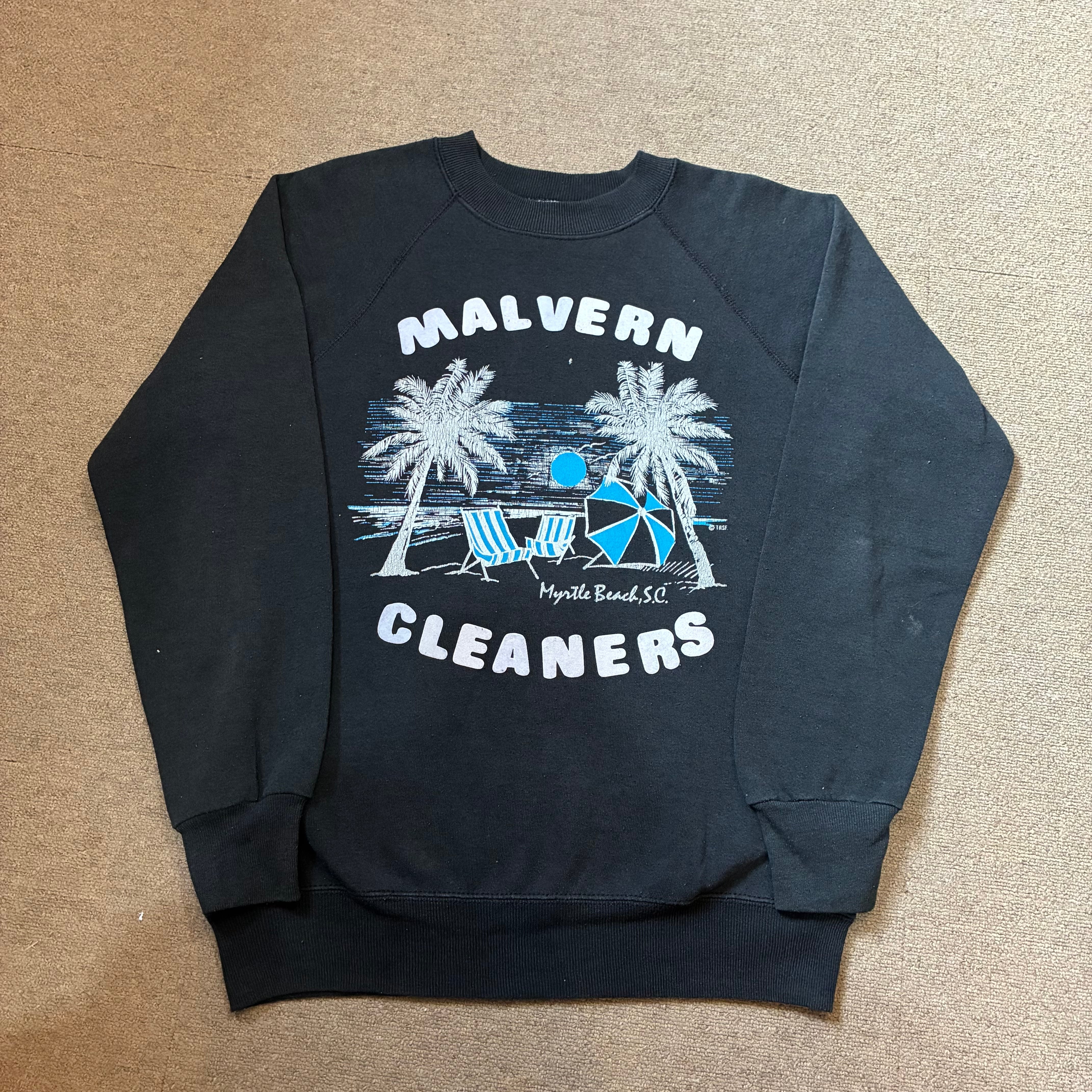 80s BASSETT-WALKER \u201cMALVERN CLEANERS\u201d raglan print sweat 