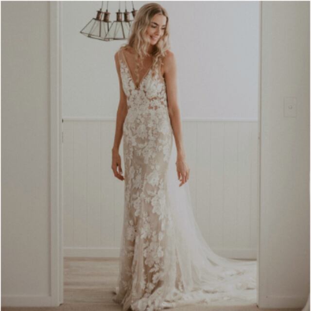 オリジナル Vネックドレス ウエディングドレス シャンパン色 総レース  