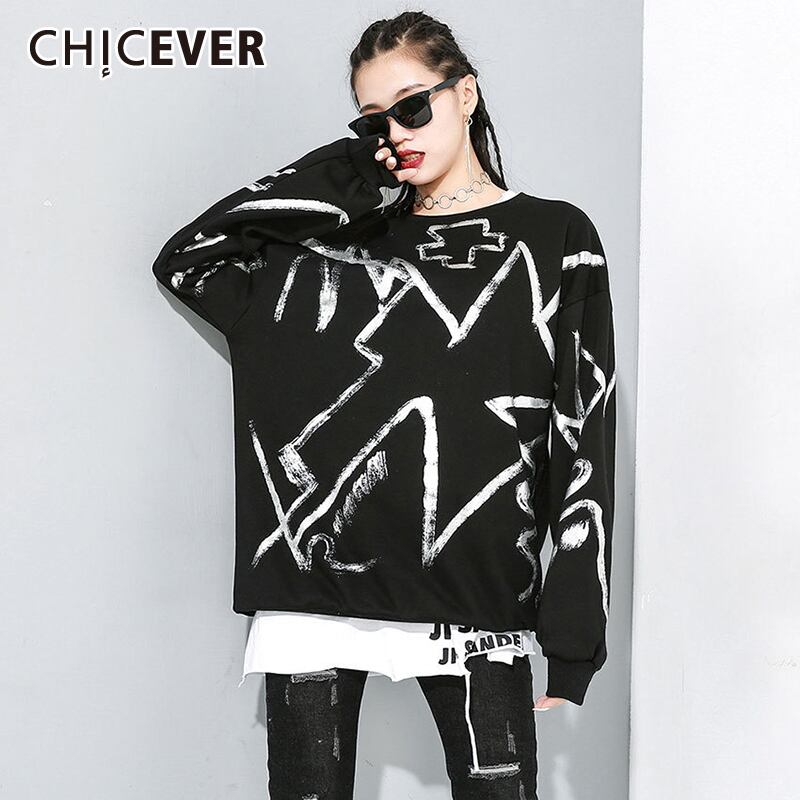 CHICEVERプリントヒットカラーパーカーOネック長袖オーバーサイズプルオーバースウェットシャツレディース服2020 ロング 6base543720687524