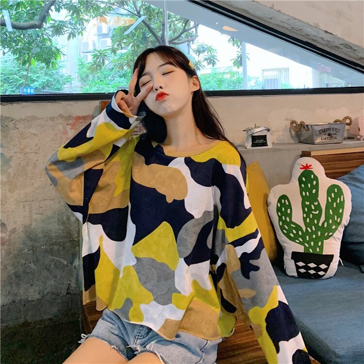 Tシャツ ルーズカラー迷彩プリント柄ラウンドネック長袖 長そで