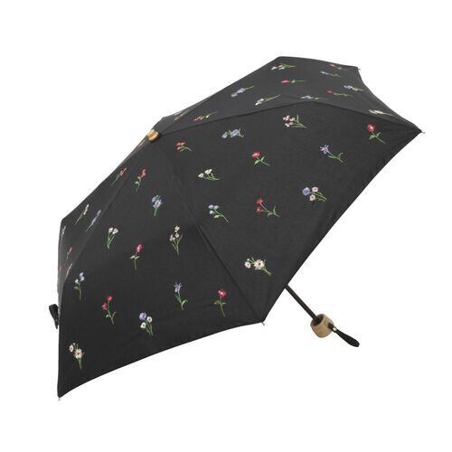 ボタニカルエンブロイダリー 花の刺繍の折りたたみ 傘|晴雨兼用 収納袋つき ガーリー レトロ ブラック