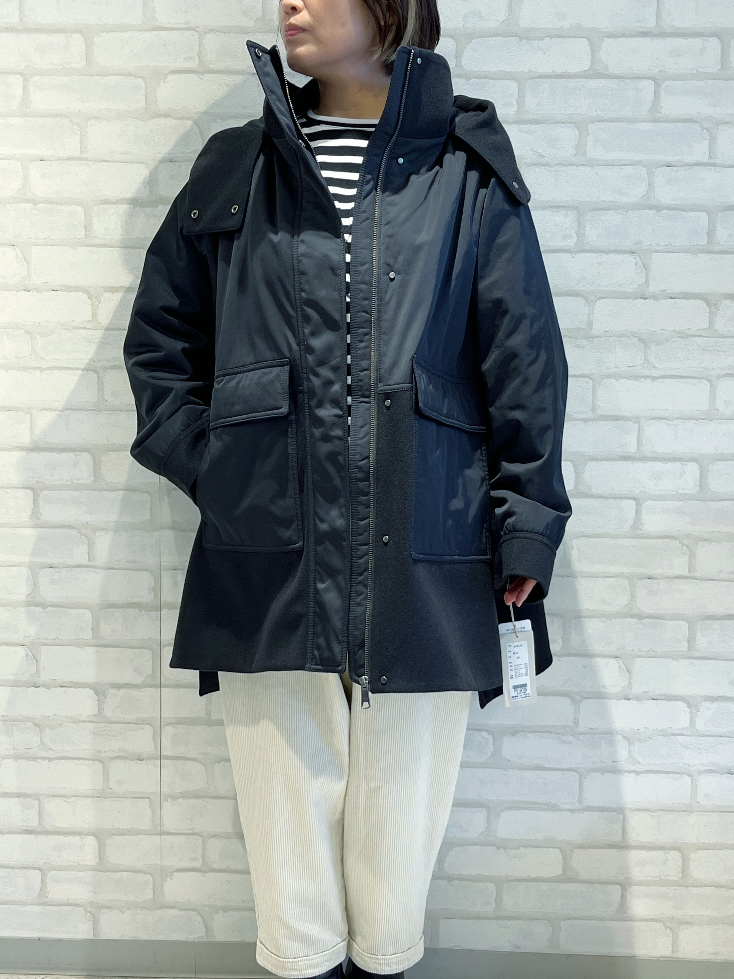 cafune/545412/タフタ切り替えフーディーコート(ブラック)