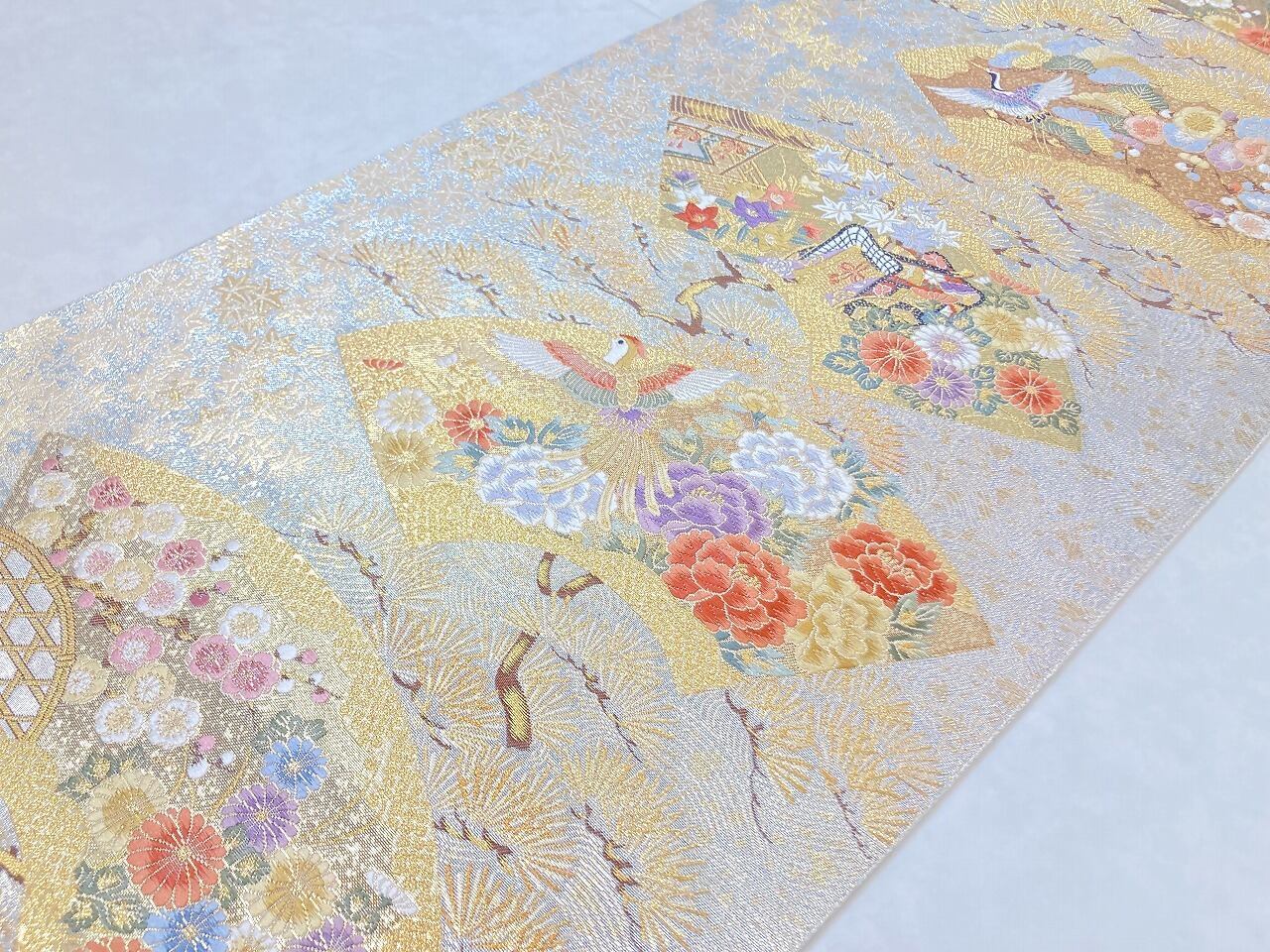 唐織り 松寿扇面文 四季の花々 袋帯 金糸 正絹 シルバー 赤 紫 509