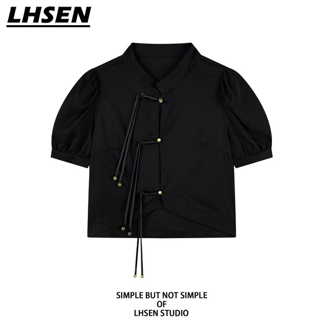 【LHSENシリーズ】★チャイナ風トップス★ シャツ 半袖 レディース 個性的 チャイナボタン ブラック 黒い