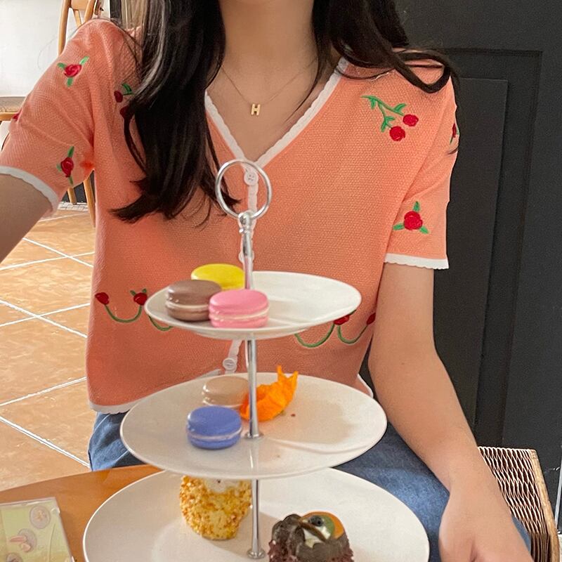 レースVネックセーター レディースサマースタイル薄手カーディガン レッド 刺繍 夏物 ビッグFスモールZ韓国61463518112