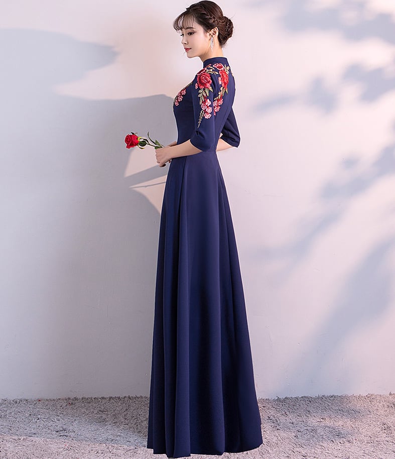 チャイナ風 ロング丈ドレス Aライン シンプル ５分袖 刺繍 花柄 バラ