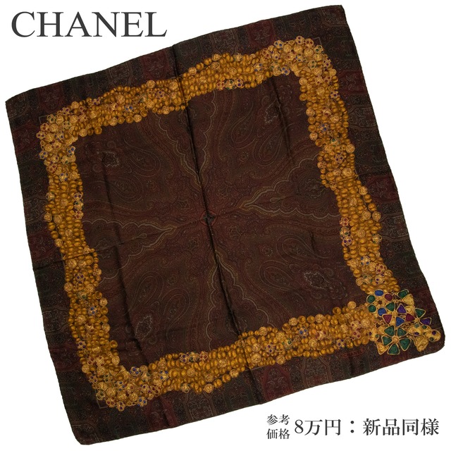【本物・送料無料・新品同様】シャネル・大判スカーフ(綺麗・グリボア柄・ペイズリー柄・レア・珍しい・ボルドー・ゴールド・X037)