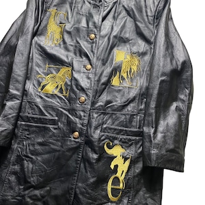 vintage 1990’s animal embroidery black leather coverall coat