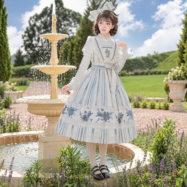 青花そよぐ庭園 ストライプと草花柄のクラシカルロリータロングJSK4点セット｜11/6発送