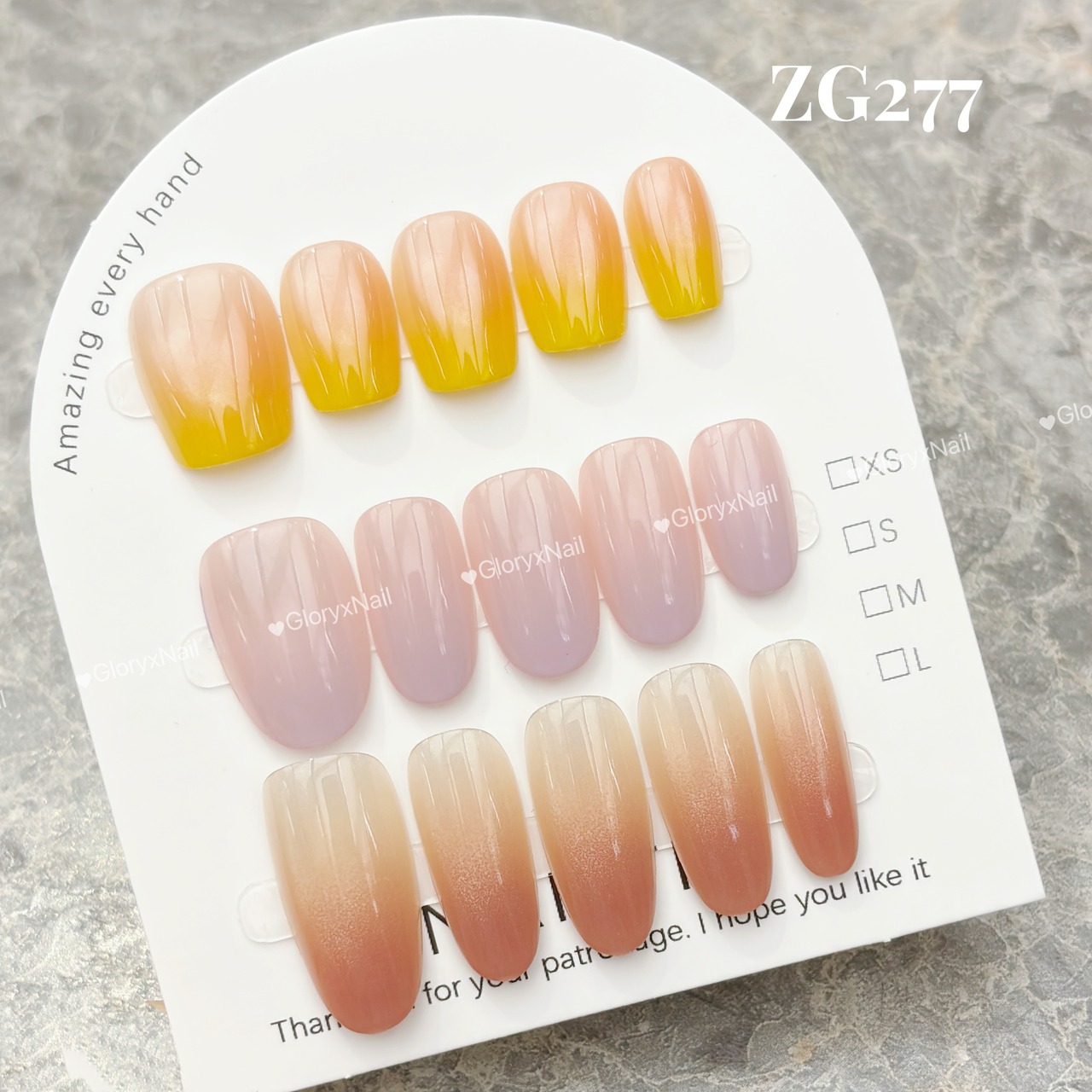 ZG277 ネイルチップ ハンドメイド  形選べる 色選べる　イエロー/パープル/ピンク　サイズXS/S/M/L ツールキット付き 収納ケースあり