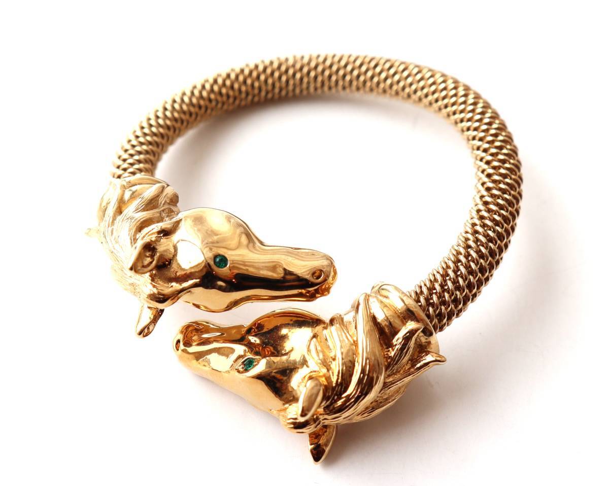80s vintage gold horse motif green eyes bracelet | PANIC ART MARKET