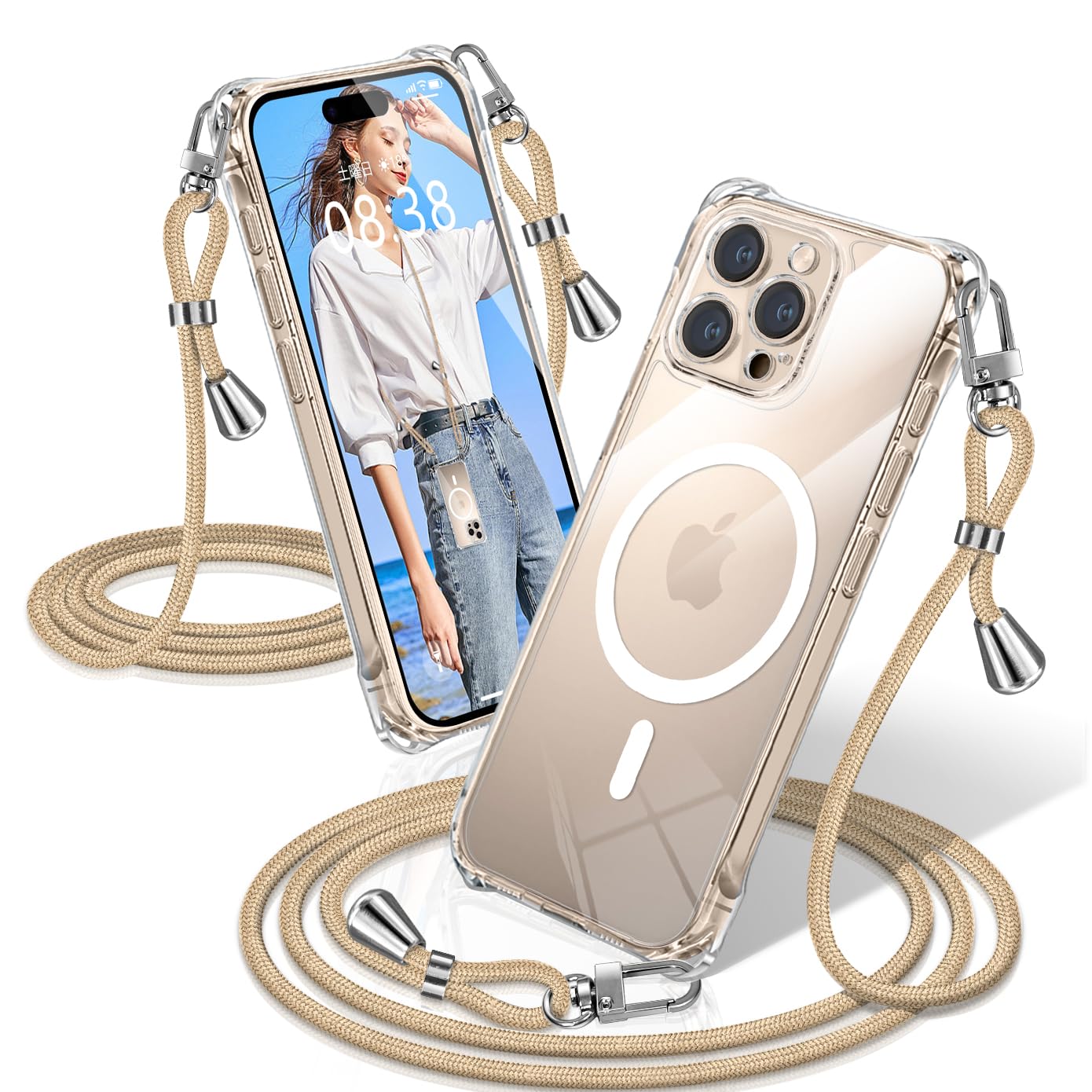 XIOYATY iPhone 16 Pro 対応 ケース クリア ショルダー MagSafe対応 TPU 肩掛けストラップ付き 四隅衝撃吸収設計