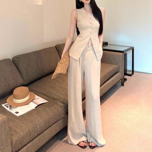 【2点セット】2色／スリットベスト＋ストレートパンツ ・11920