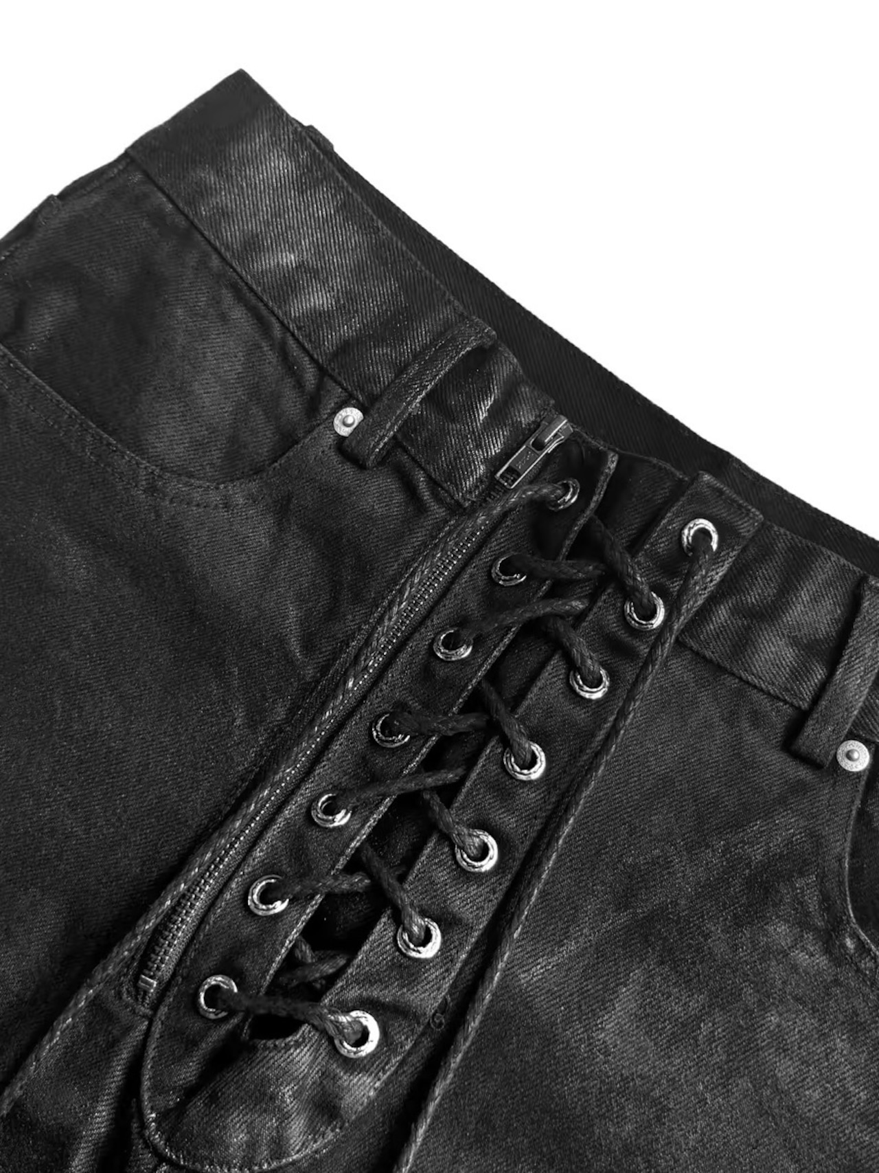 【CinderVein】Lace Up Waxed Coated Denim Pants