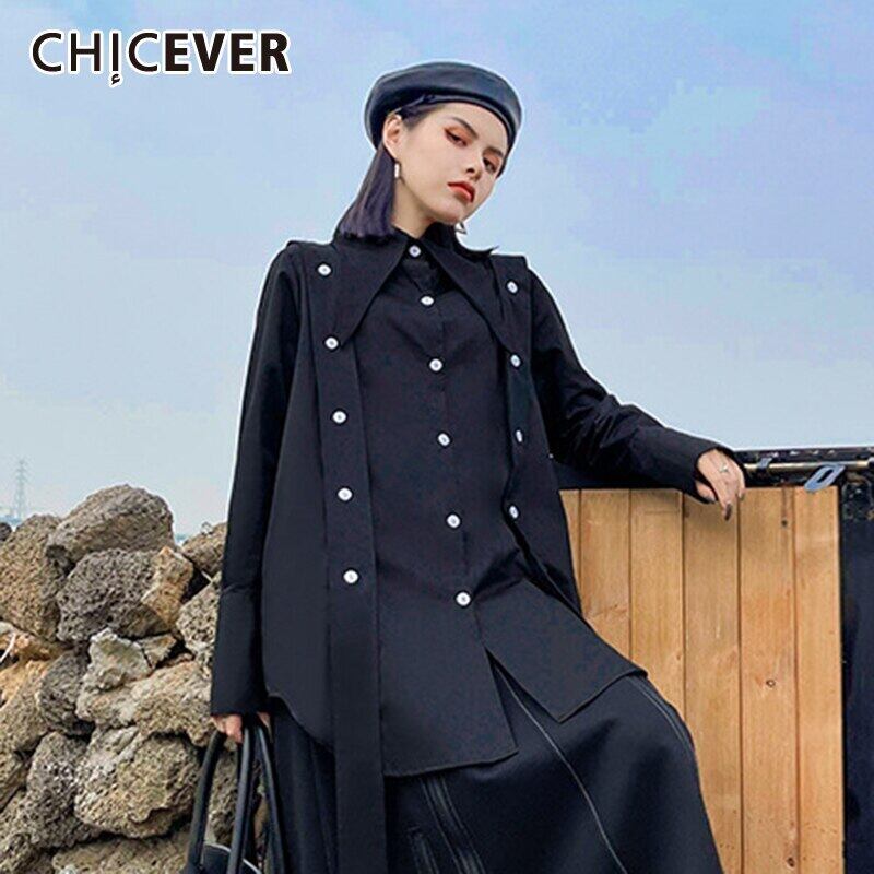 CHICEVERヴィンテージシャツレディースラペル長袖パッチワークボタンルーズアシンメトリーヘムブラウス2020洋服 ロング ビンテージ 6base588960549216