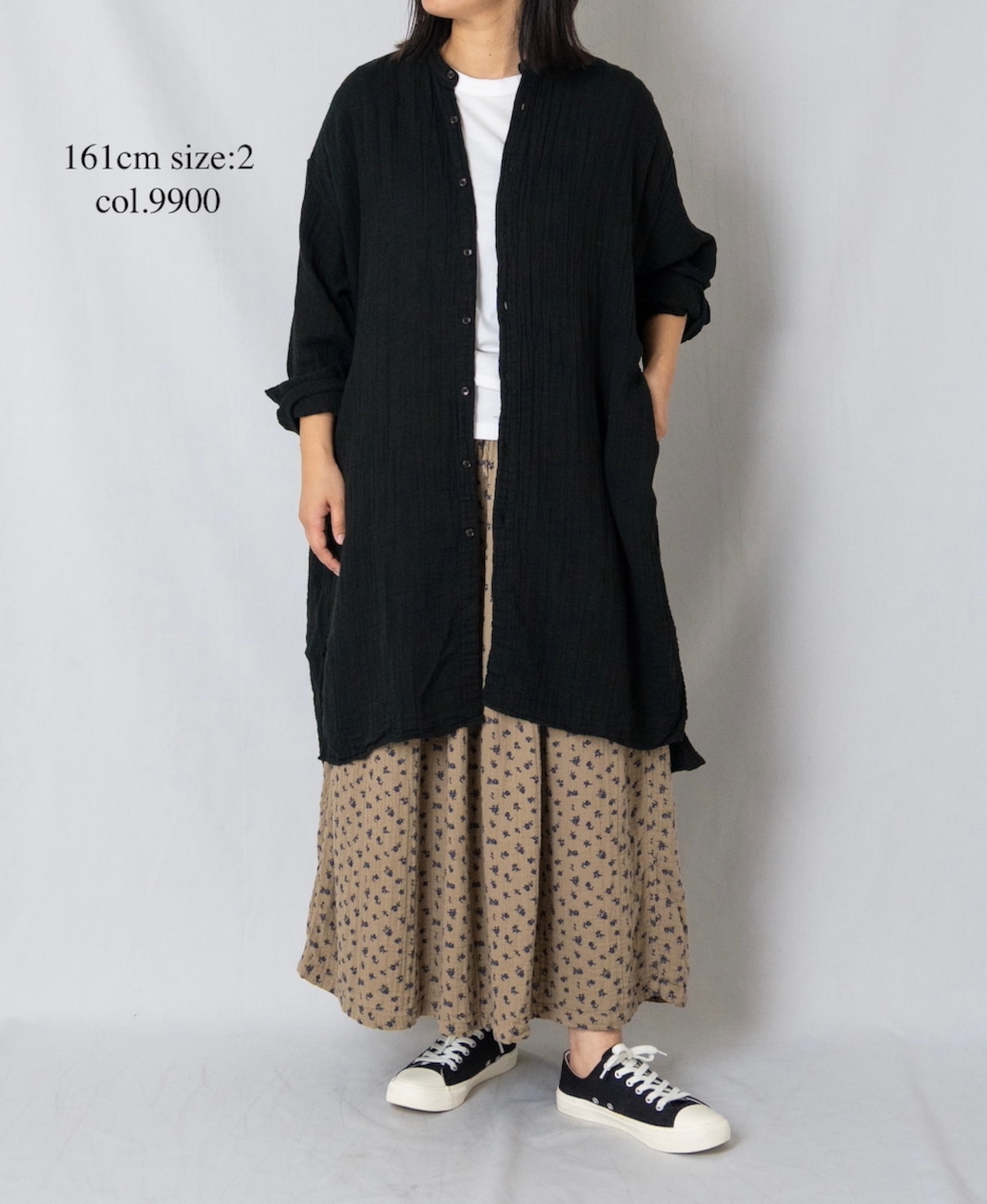 ARMEN(アーメン)コットンガーゼ バンドカラーロングシャツ:ブラック