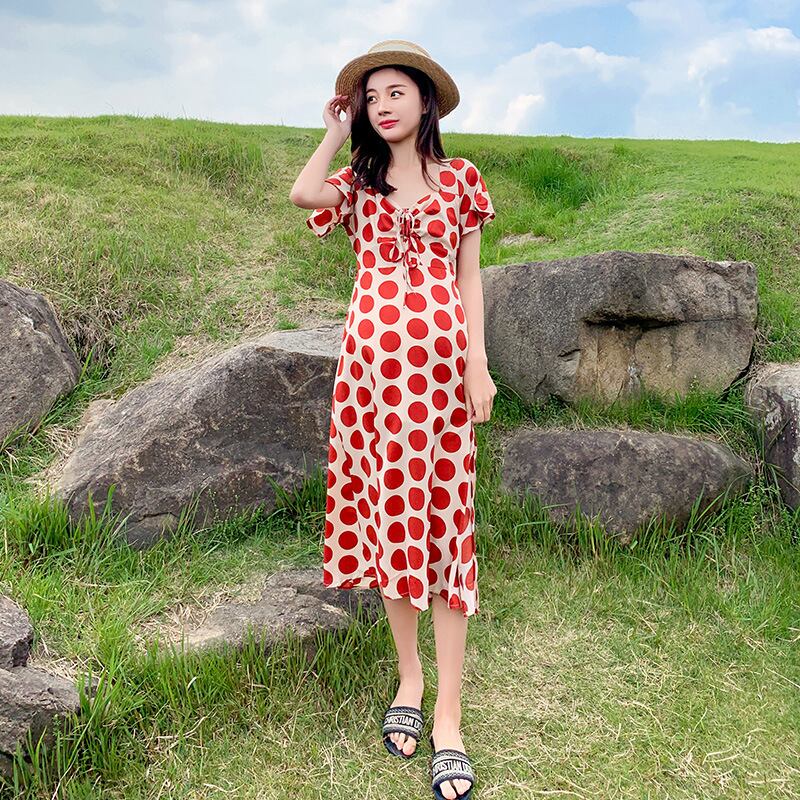 【新作】【送料無料】 マタニティウェア2020夏の新しいファッションシフォン水玉ドレス、トレンディな母親の小さな新鮮なミドル丈のマタニティドレス-アリババ サマー 夏物 expec276870846950