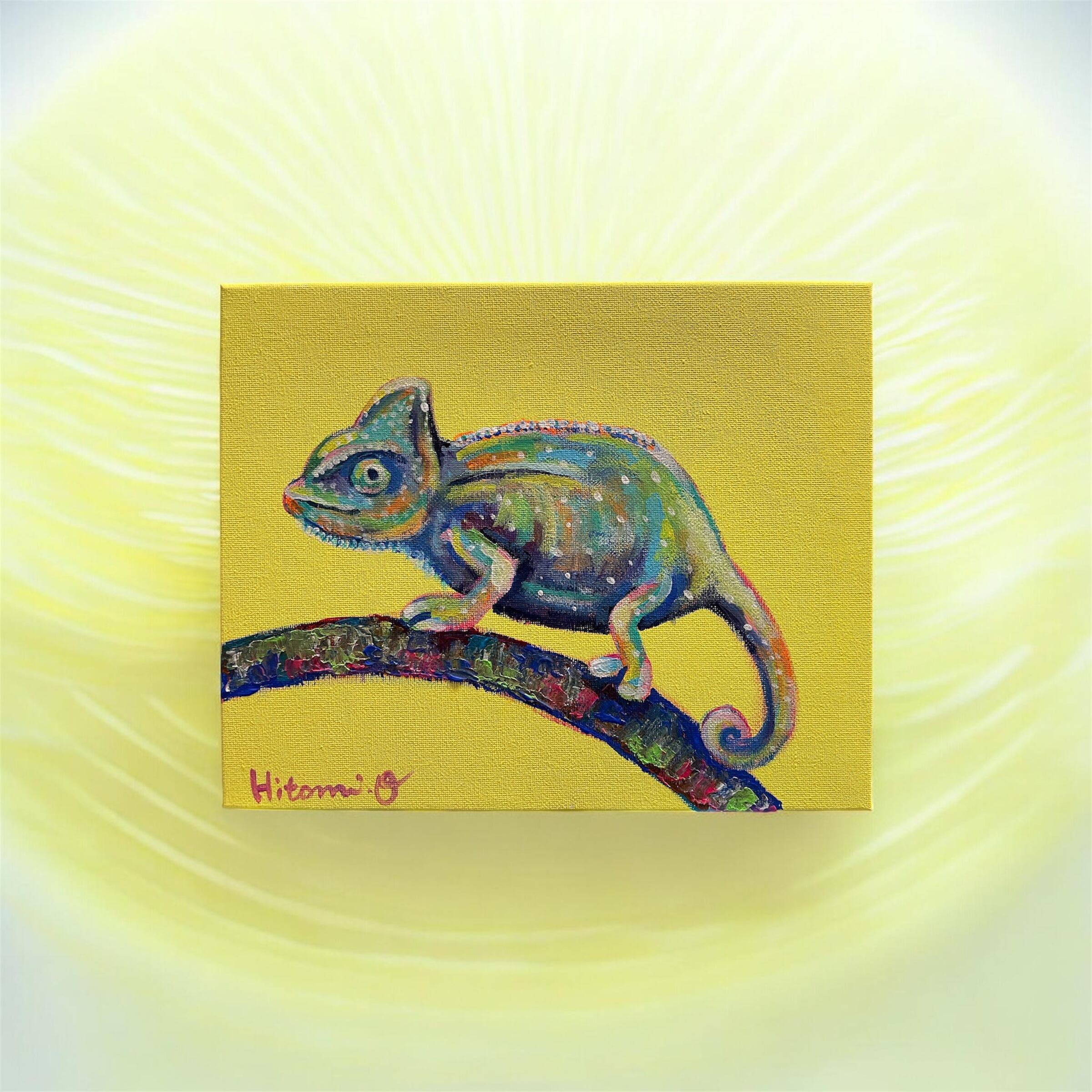 A-125/26】原画 絵画 動物画 カメレオン カラフル 27.3×22cmキャンバス