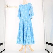 社交ダンス 衣装 スタンダード ドレス ワンピース レッスンウェア パーティ衣装 prima boutique プリマブティック ライトブルー系 水色 リボン 花柄レース おしゃれ 上品 薄手 体型カバー 踊りやすい フォーマル イベント用 大人用 ストレッチ クラシック 柔らかい レディース かわいい エレガント スリーブ フレア袖 デザイン シンプル シーズンレス