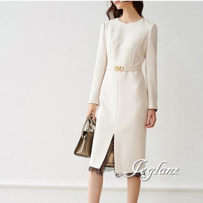 上品 ワンピース ドレス 異素材 レース きれいめ シンプル派(M9006)α