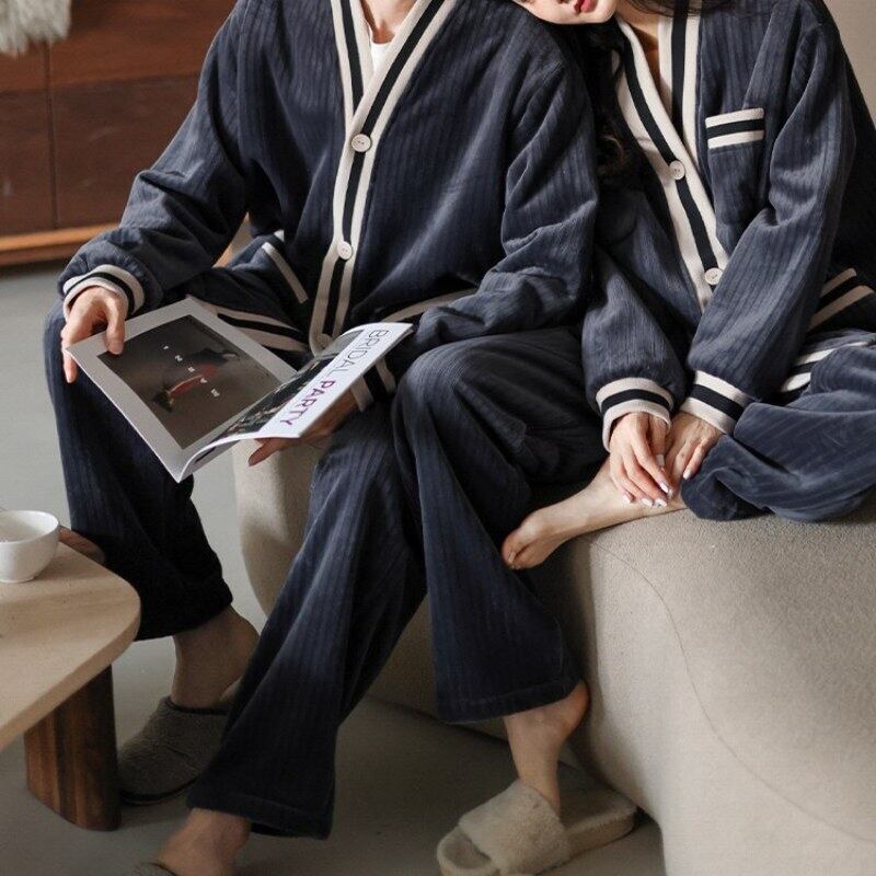 【men's/L-2XL】Warm fleece cardigan style long-pants pair pajamas p760
