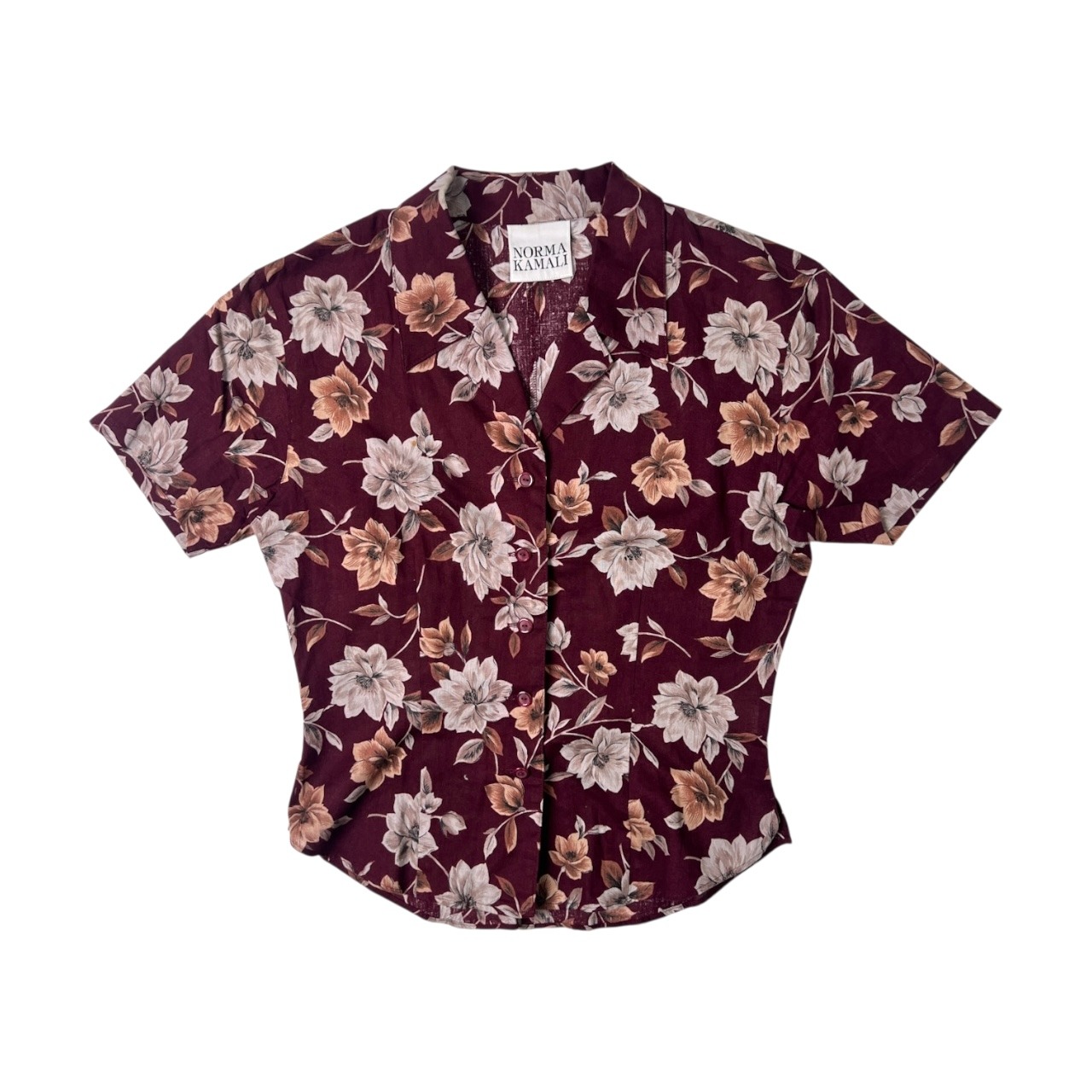 NORMA KAMALI ノーマカマリ コットン&リネン オープンカラー 半袖シャツ 9/ボルドー/アロハ