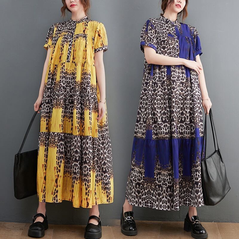 LEOPARD STAND COLLAR TIERED LONG DRESS 2colors M-5197