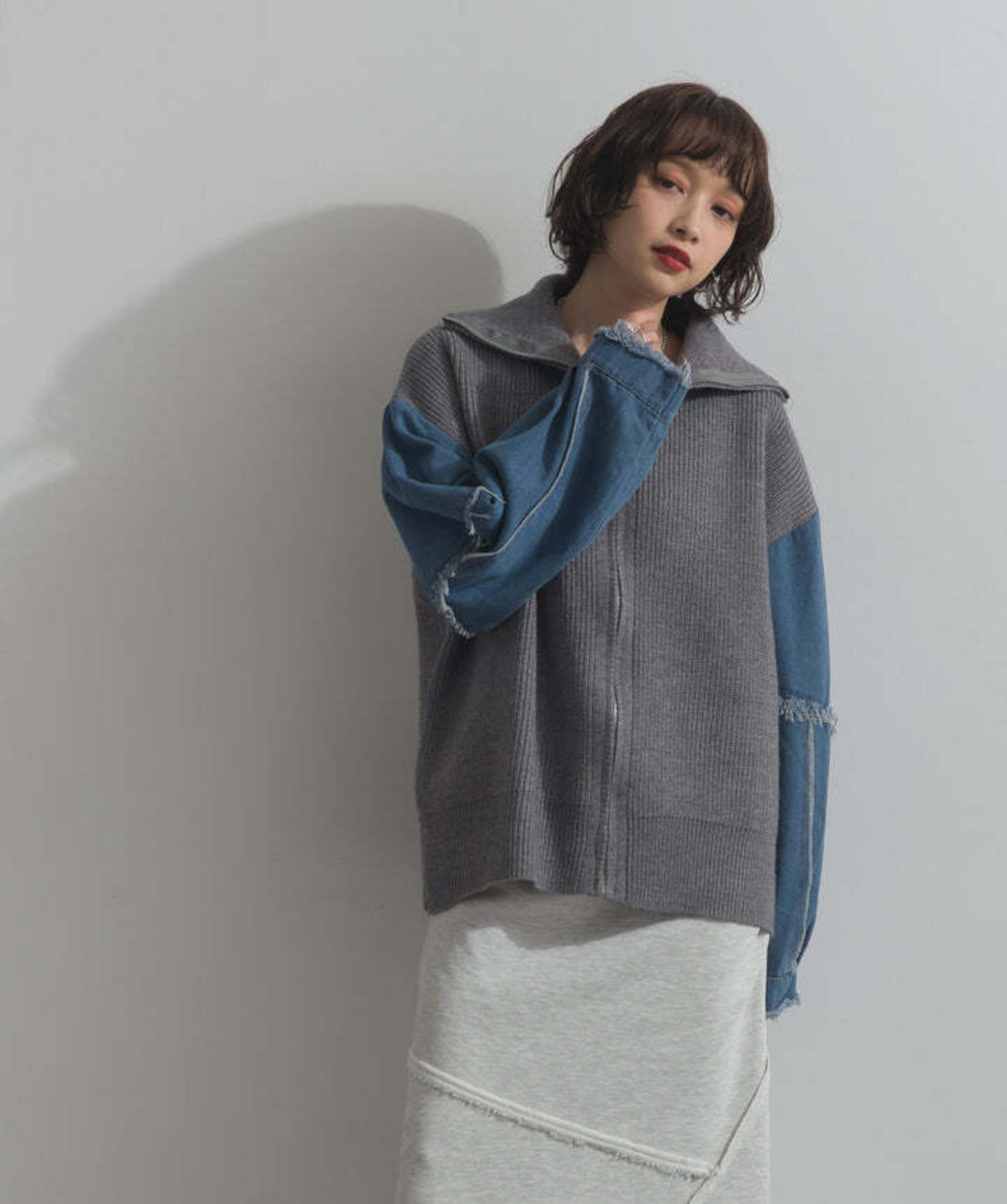 HD2510024 袖デニムジップニット gray
