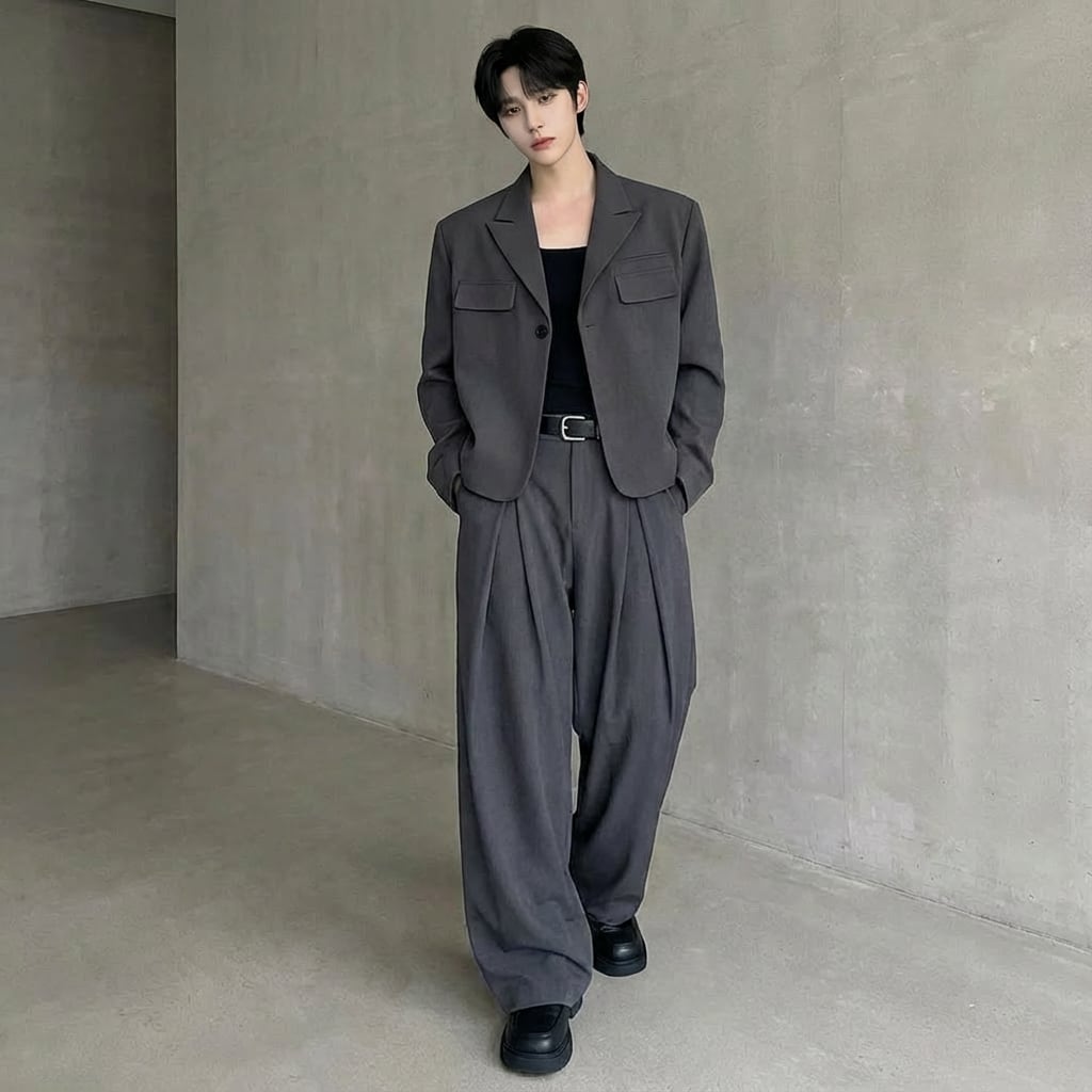 ワンボタンジャケット&プリーツドレープパンツ セットアップ 2カラー D11068