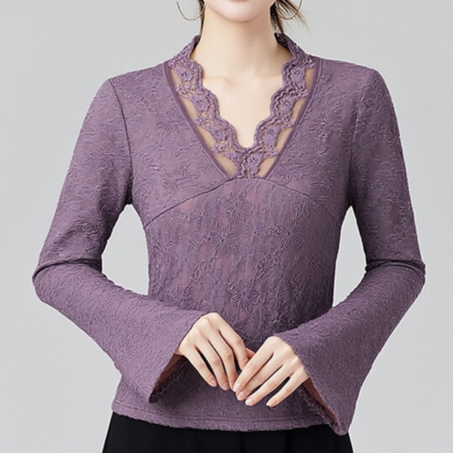 レーストリム Vネック ロングスリーブ ダンスカットソー ds1133