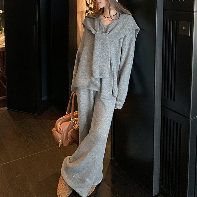 リラックスニットスリーピース　ショール×プルオーバー×パンツ［S-L］