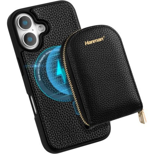 HanmanのMagSafe Wallet Case for iPhone 16 Plus、RFIDブロッキングPUレザージッパー財布磁気カバーは、iPhone 16 Plusに適しています。また、iPhone 16 Plus用の磁気ウォレットカードホルダーケースです-くろいろ 3276