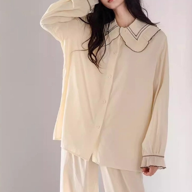 【M-XL】big-collar long sleeve cardigan style pajamas p1164