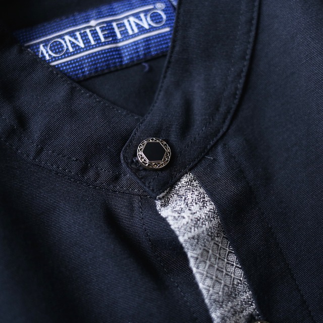 switching gimmick design loose silhouette band-collar shirt