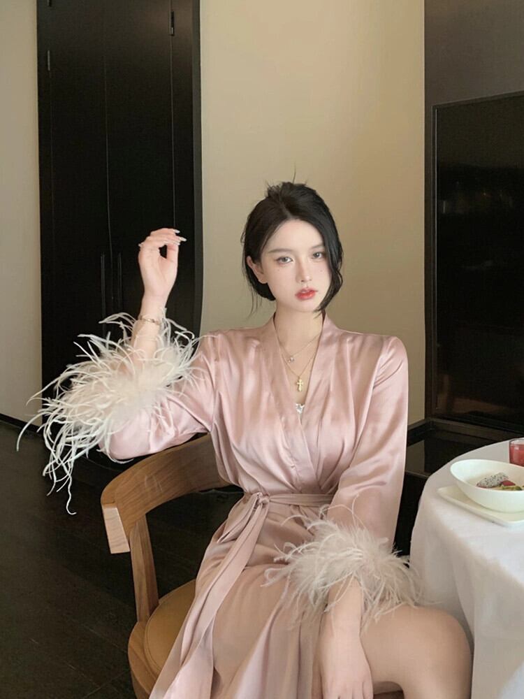 2023 パジャマセクシーな女性のアウタートップルースストラップホーム服豪華な長袖ピンクのバスローブ ロング ガールズファッション80610644530