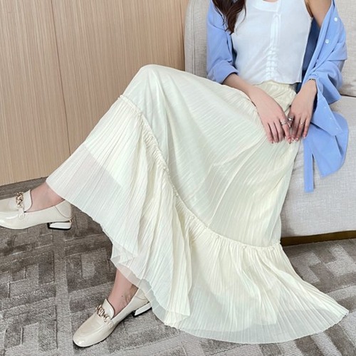 チュールスカート プリーツスカート ハイウエスト シフォンスカート ガーリー レディース メッシュスカート 春 夏 ふんわり パール ロングスカート ミディアム ミディ 3色 フリーサイズ 可愛い