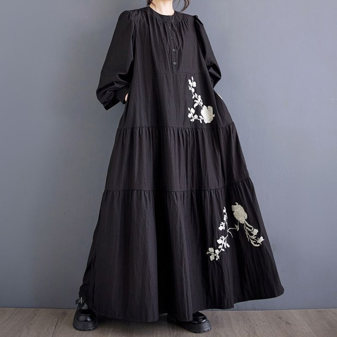 フラワー刺繍 Aライン ロングワンピース 00017