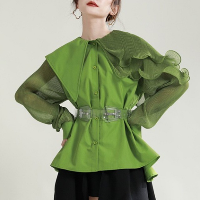 Belted long sleeve collared ruffle shirt(ME018)