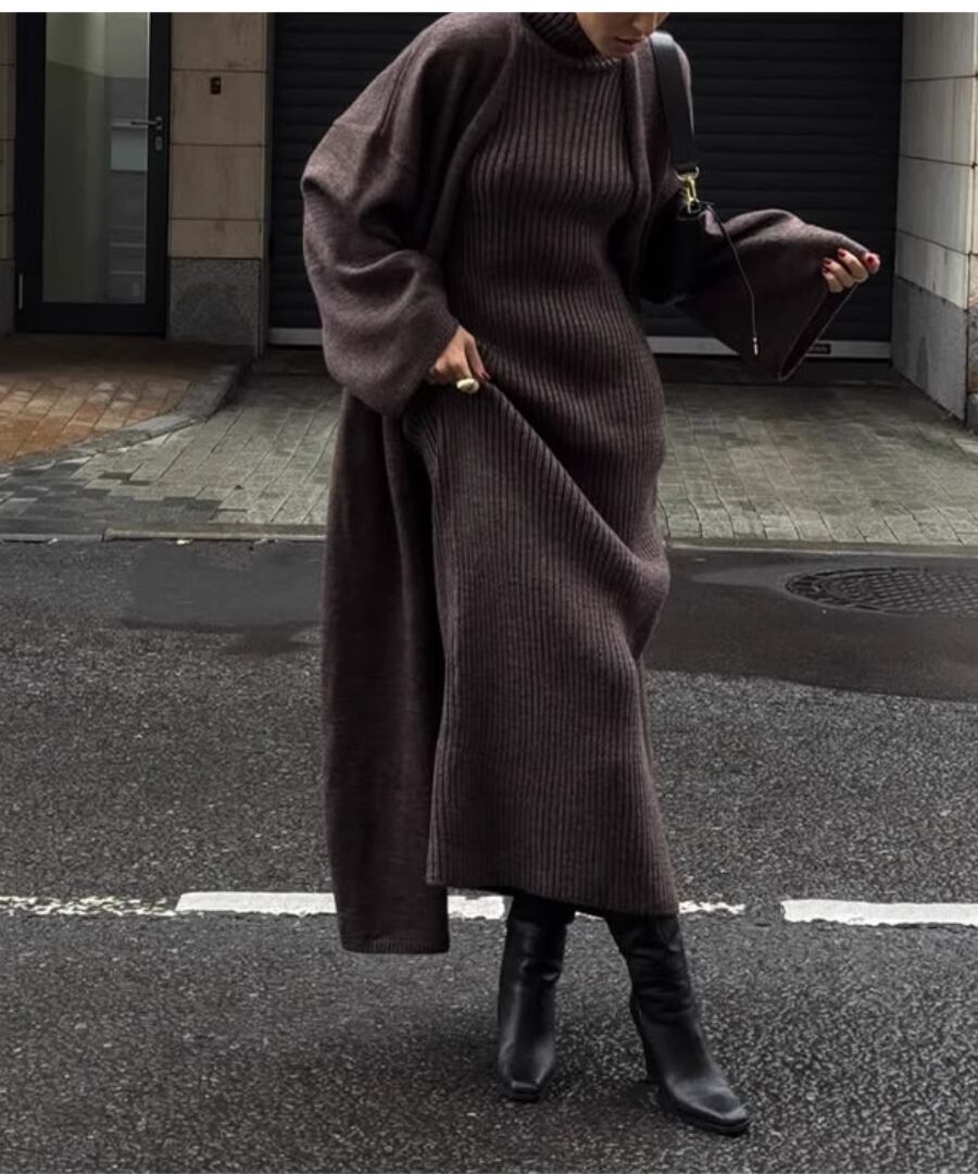 ハイネックニットワンピ&ロングカーディガン【s-40028】