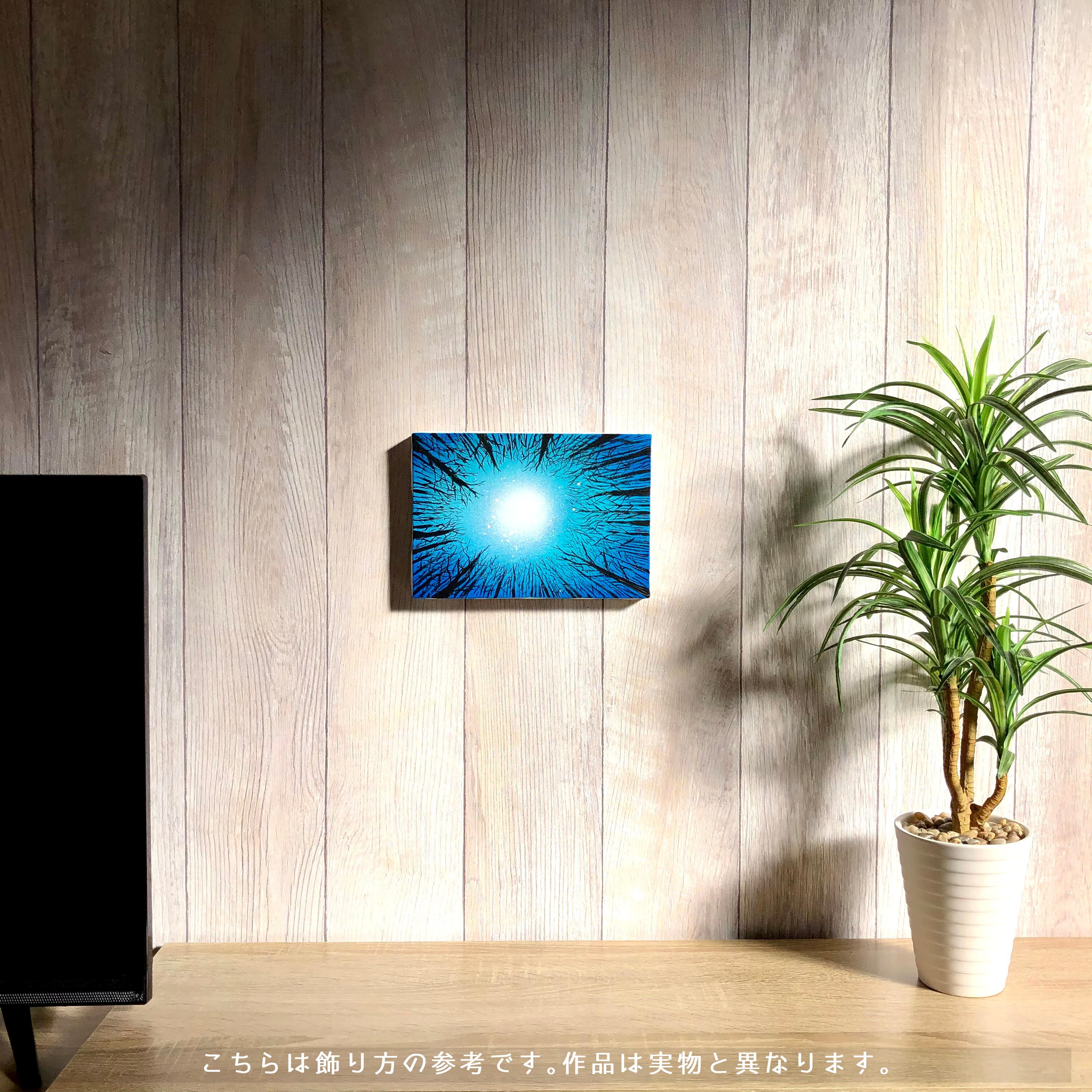 森の梟」原画 夜×フクロウ×木枝 青 ターコイズ 絵画 キャンバス 風景画