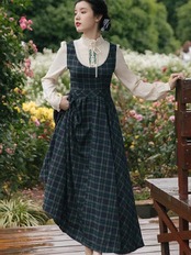 【0186】Retro Check Stand Collar Long Sleeve Dress